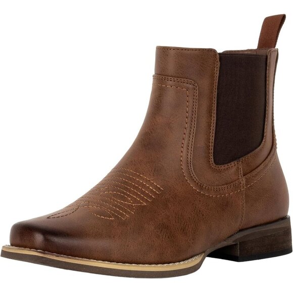 🆕 Men's Brown Faux Leather Square Toe Chelsea Cowboy Boots Retro Casual - Picture 1 of 9